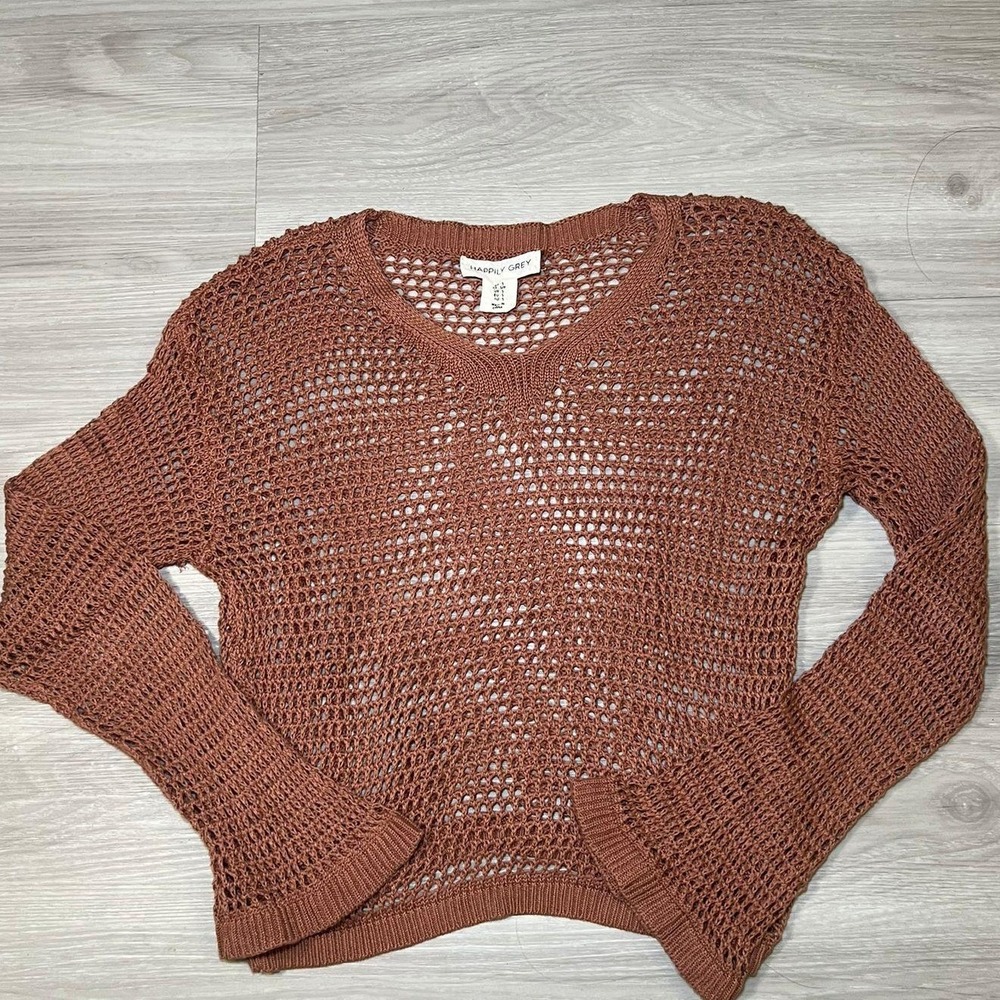 Happily Grey Cropped Mesh Knit V Neck Long Sleeve Sweater Top Women S